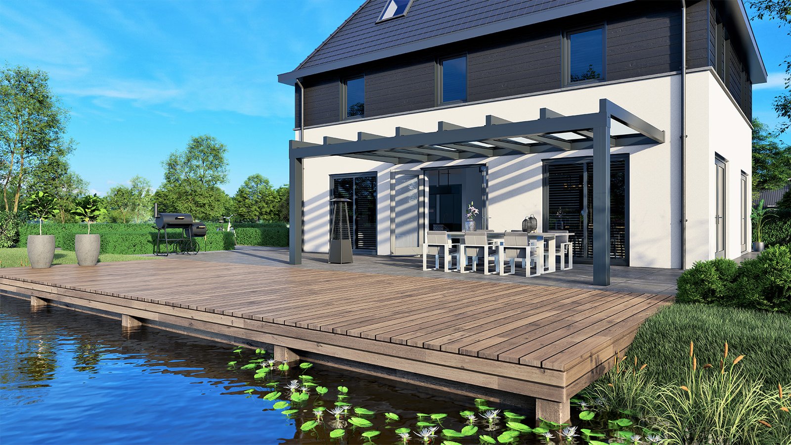Designline Terrassendach mit Schiebetüren und Aufdachmarkise